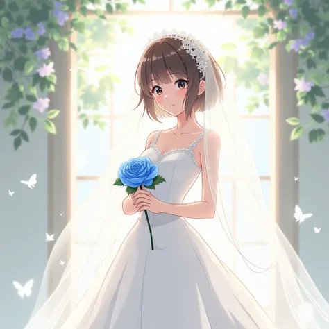 Wedding
Anime Girl
Short brown hair
Black eyes
Wearing white wedding dress
Holding blue rose