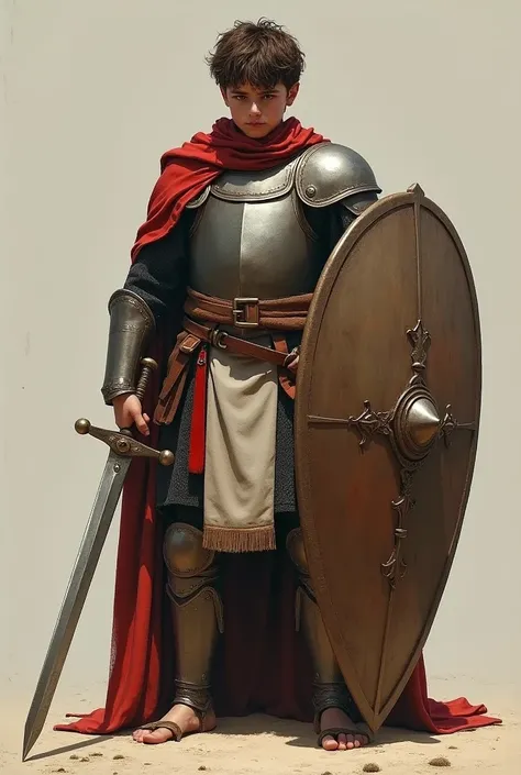 Young David, small and thin;
Wearing Saul&#39;s armor;
Armor too big and loose;
With very large shield and sword;