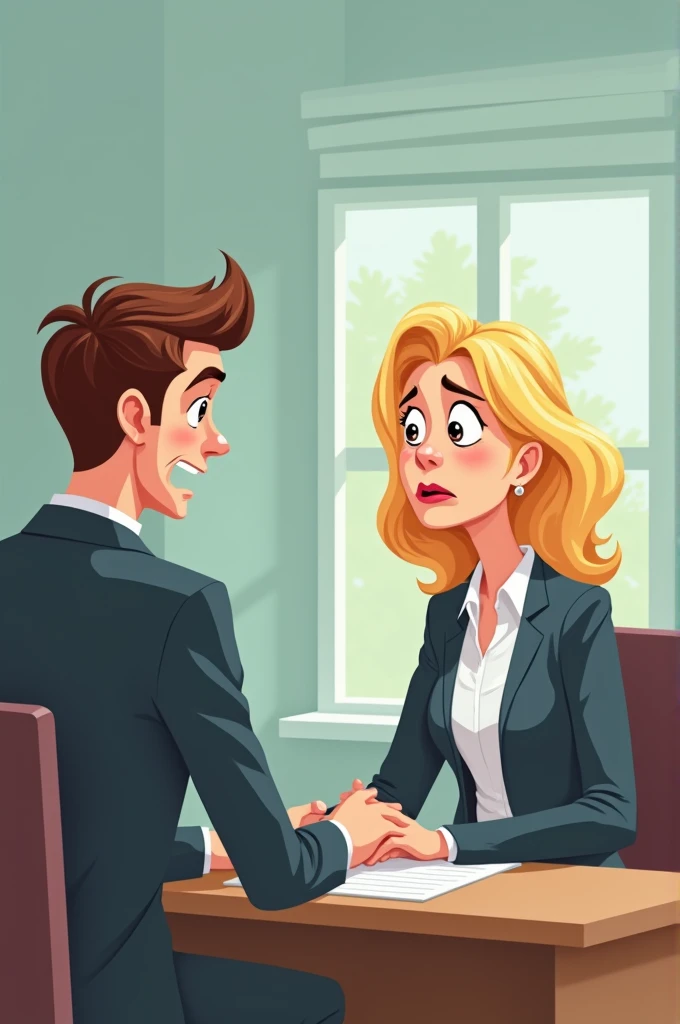 Sad blonde woman getting scolded by her boss at work in cartoon style 
