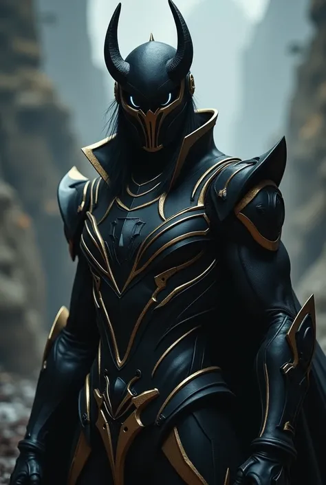 an anti-hero, with black armor, with gold details, black mask, black cover, black hair, black horns and white visor 