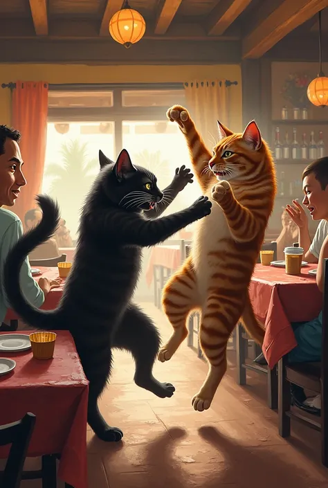 Cats fighting n a restaurant with family 
