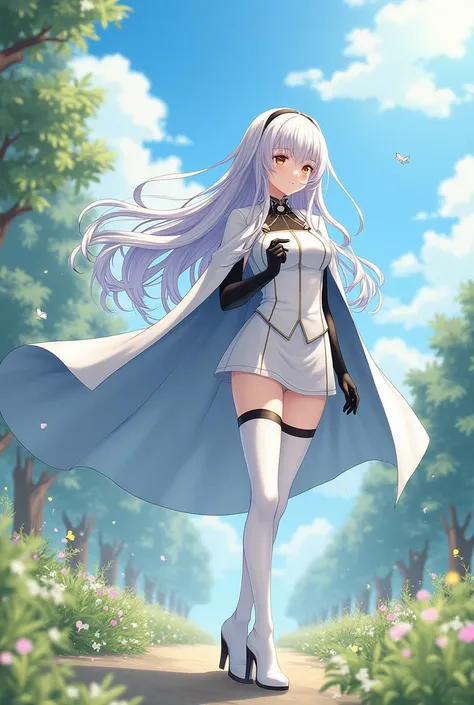 ((masterpiece)),((best quality)),((outdoors,extremely detailed)),illustration,1girl,solo,light smile,Aquila_Azurlane,uniform,cape,white thighhighs,low twintails,absurdly long hair,fullbody,standing,black gloves,arm under breasts,