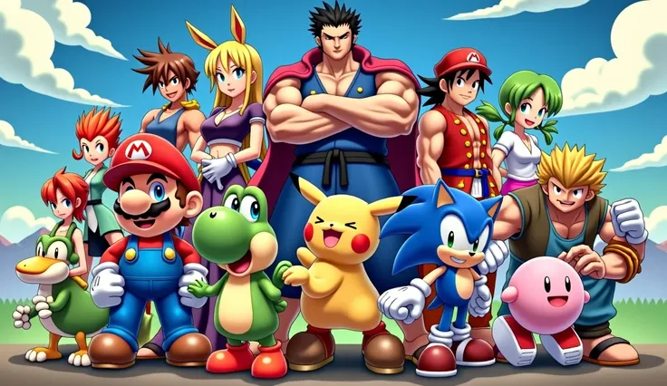 group photo with Super Mario , Gon Freecss , Pikachu, Yoshi, Monkey D. Ruffy, ryu aus Streetfighter, Sonic, Kirby each only once and as close as possible to the original in action