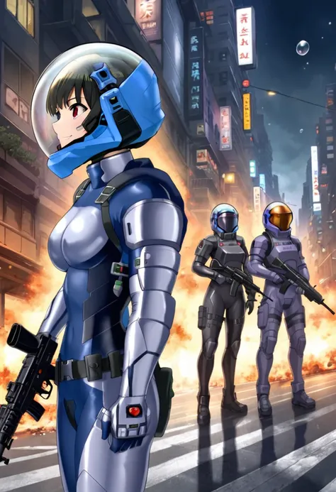  apocalypse,ak47, armor,assault rifle,belt,goggles,holding weapon,m4 ,holding gun,standing,, eva helm, helmet space, short hair,, bubble helmet, upper body, smile, black hair, red eyes,city, road, space helmet, space helmet, eva helm, space suit, short hai...