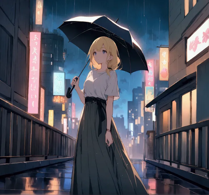 On a rainy night rooftop、A beautiful woman with long blonde hair is standing with a dark blue umbrella。she、He is looking at the night view of the city in the distance with a relaxed expression.。In the background、The rooftops of skyscrapers are painted in a...