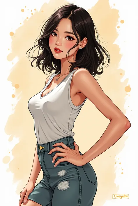 full body , manhwa style, a girl posing for camera with someone taking a pic for her