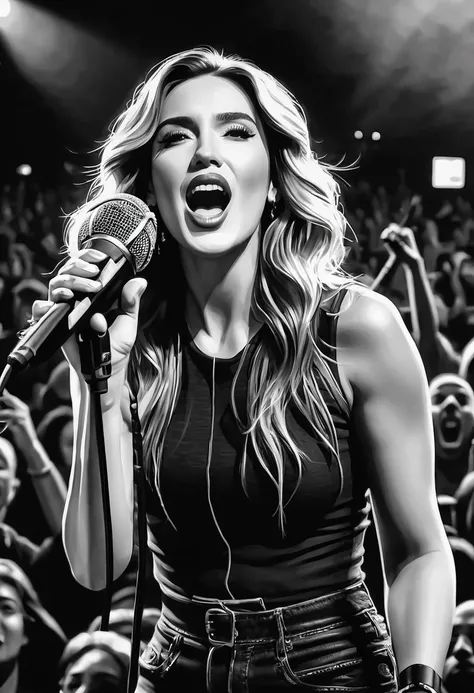 Charcoal pencil drawing, black and white, work of art, create a digital painting, 4k, The highest quality,  Rock concert audience,Singing with a microphone