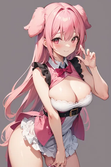 High resolution, masterpiece, Anatomically correct, Best Quality, One girl, Blushing, Look at, smile, Pink Hair, Simple Background、Thighs、Dog Cosplay