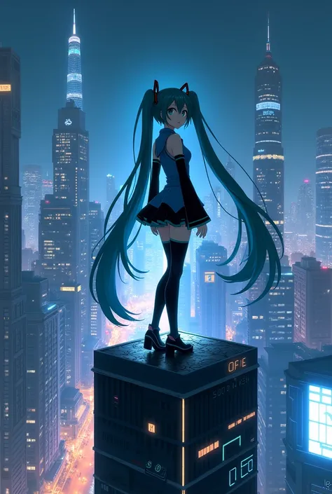 Hatsune Miku standing on a tall building，The background is high-rise buildings shining，night，HD，Anime style，Be Natural，The age of technology，Hatsune Miku turned sideways towards me，Hatsune Miku looking down