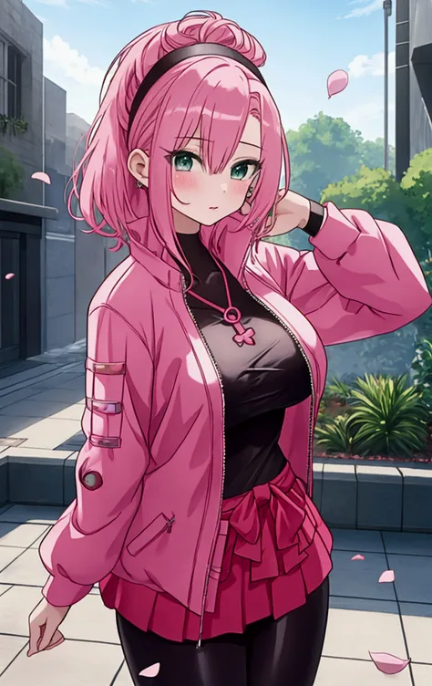 A girl with pink hair and green eyes poses for a photo shoot, Sakura Haruno, adult, Big Breasts, Best anime 4k konachan wallpaper, Enchanting anime girl, I also make fan art, sakura petals around her, Splash Art Anime , Anime Style 4k, Anime Moe Art Style,...