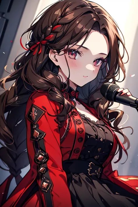 1 girl、Mature、Ample breasts、Long eyelashes、Long Hair、Dark Brown Hair、Curly Hair、Braids、Slicked back、napoleon dress、Red jacket、Tulle dress、Red and black dress、Live、Diva、Liveステージ、Beautiful Face、cool、Very detailed、Beauty、Beautiful Face、Hold the microphone、sin...