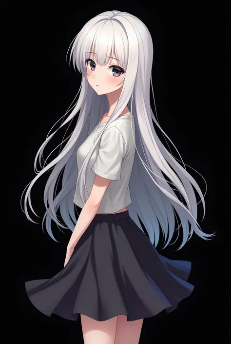 anime, Long white hair, Looking at the camera, Black Eyes, Wearing a cute T-shirt, White skin,Black background,Small,whole body,Slender,I&#39;m wearing a skirt