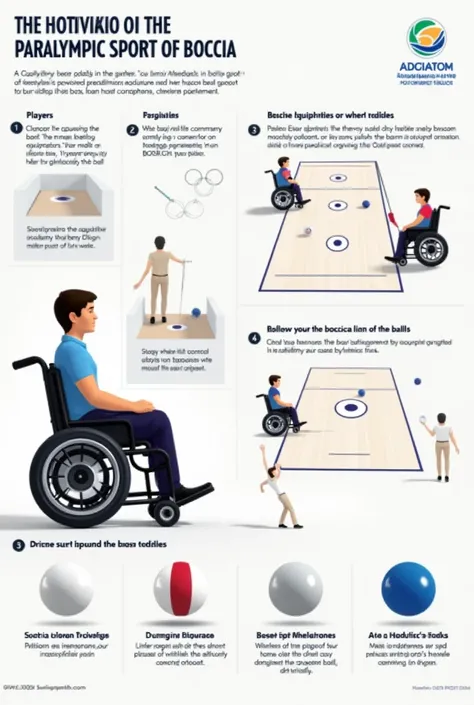 Create an infographic of 4-6 boxes per pictogram, a quadriplegic player, short and slightly thick hair, in his mobile chair, performing a shot "youth", Paralympic sports practice boccia,the players, rivals,They try to throw their balls as close to the targ...