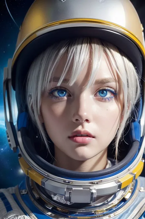 (Close-up of an excellent masterpiece:1.5)0.9]，(Space and astronauts:1.2) (Messy silver hair:1.1) (Heterochromia with yellow and blue eyes:1.2) (Space Helmet:1.0) (Colorful stars in the eyes:1.0) (Dazzling light:1.1) (Thick lips:0.9)