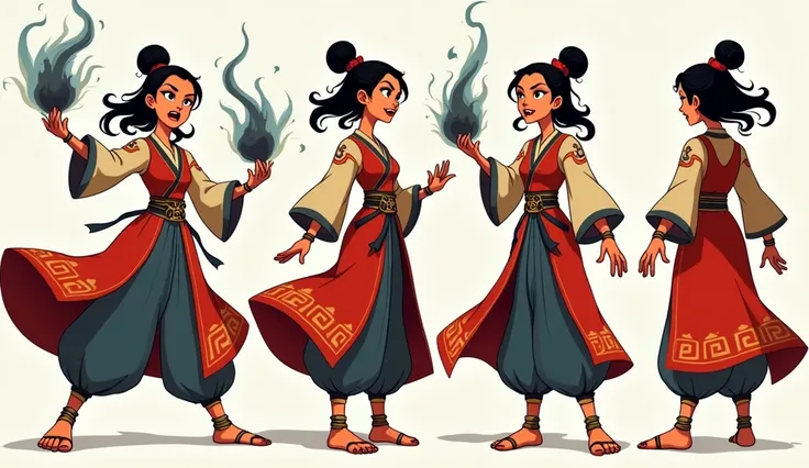 casual game style  different poses different angle pose sheet  disney  style A maen angry  Mongolian woman mongolian dress and very heavy accesory with thin almond eyes and short curly black hair dancing with black magic light in her hands without shoes an...