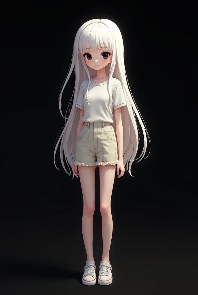 anime, Long white hair, Looking at the camera, Black Eyes, Wearing a cute T-shirt, White skin,Black background,Small,whole body,Slender,I&#39;m wearing a skirt,I&#39;m wearing sneakers