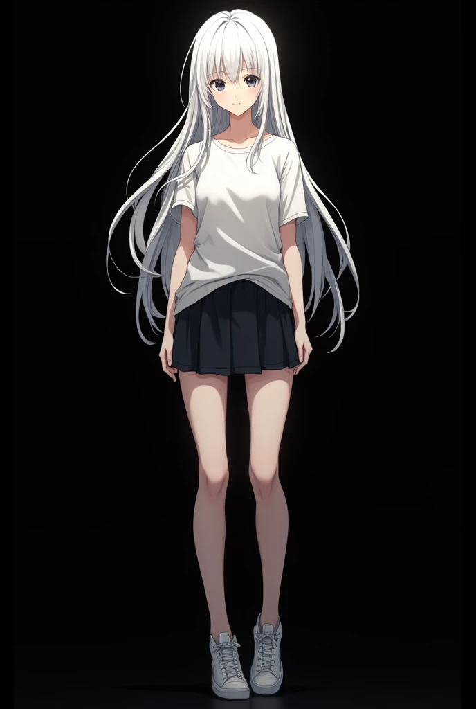 anime, Long white hair, Looking at the camera, Black Eyes, Wearing a white T-shirt, White skin,Black background,whole body,Slender,I&#39;m wearing a skirt,I&#39;m wearing sneakers