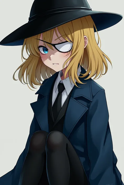 blonde girl with blue eyes. She wears a white eye patch and a black hat.. She wears a dark blue overcoat and black stockings and black shoes.. She is sarcastic. 