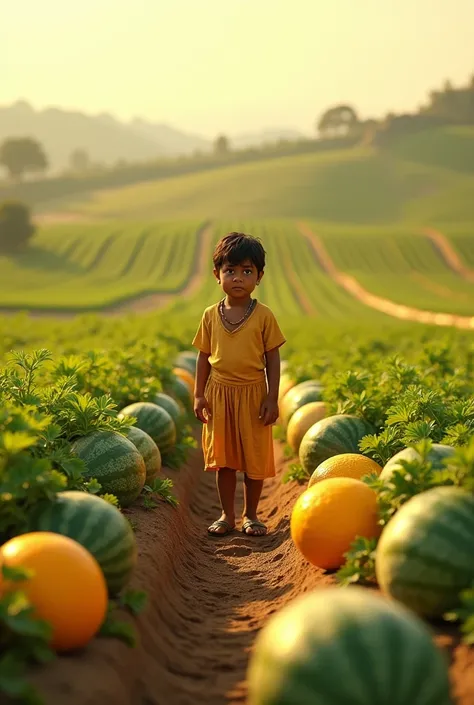 An indian boy in a feild of melons real boy