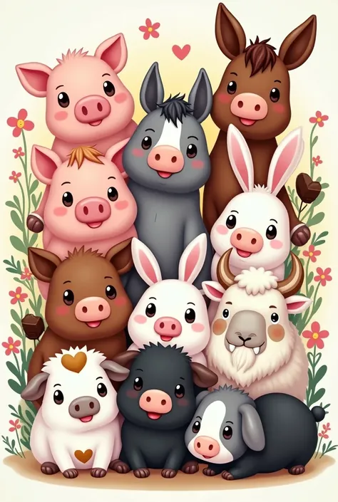 Draw an adorable doodle with the following animals: a pink pig,  a brown pig, a white and gray pig,  a brown horse ,a white horse a gray rabbit,A white rabbit, A white rabbit com  o nariz cinza, a white guinea pig with large caramel colored spots, a brown ...