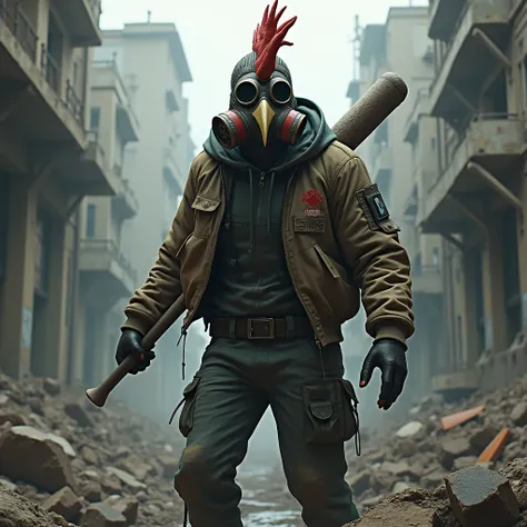 apocalypse survivor wearing full head rooster-resembling gasmask and bomber jacket among post apocalyptic rubble, psychopatic killer, wielding baseball bat, 