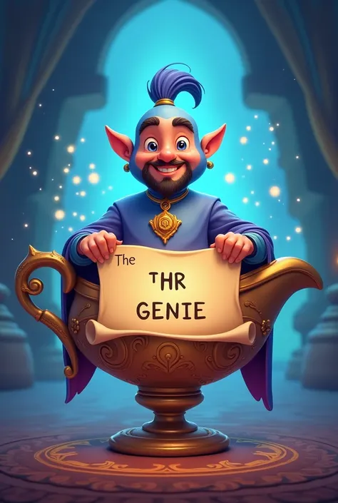 A logo with friendly realistic male cartoon genie coming out of lamp is holding a scroll with the text "THE HR GENIE" written in a official font in CAPS. With magical background.