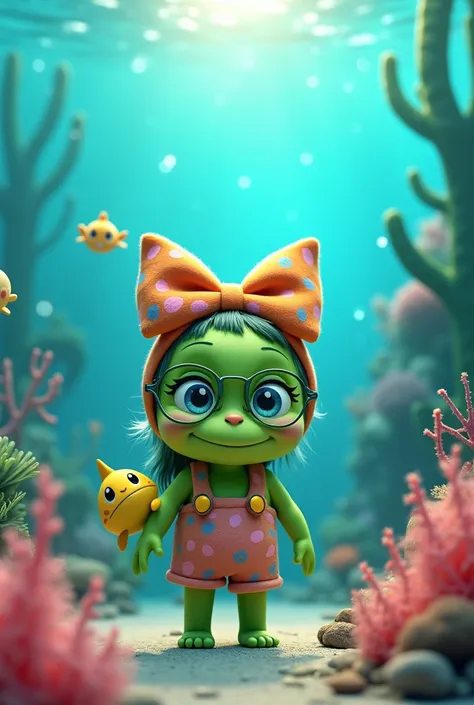 create a little green monster with a bow on her head and aquatic clothing with cute aquatic glasses at the bottom of the sea in shape 16:9 with yellow baby shark on a beautiful background in flipclip style animation
