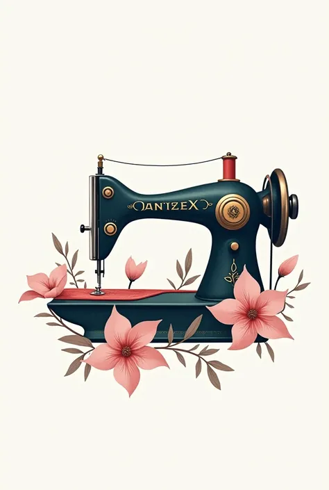 Could you give me an image of a sewing machine design as a company logo?, with a carpet that goes through the machine and some flowers too, without letters