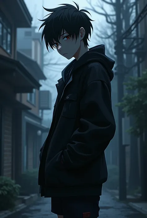  a dark themed teenage anime character 