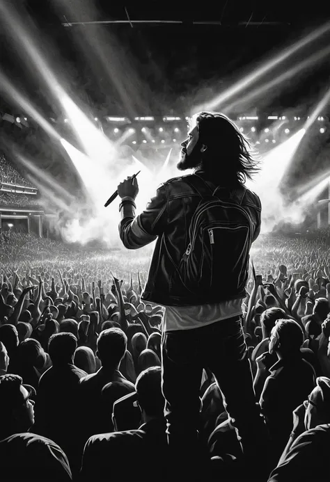 Charcoal pencil drawing, black and white, work of art, create a digital painting, 4k, The highest quality, Rock concert audience
