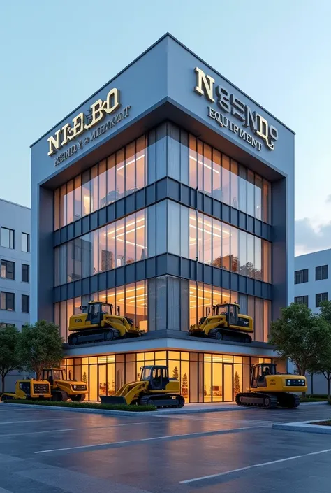 "I am involved in renting out various construction machinery, such as JCBs, excavators, motor graders, and rollers. I want to create a 3D image of an office that looks from the front (not from the side), with the excavators prominently displayed on top of ...