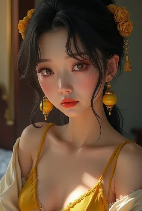 Japanese woman in yellow legendary style bra ear rings on beautiful face on bedroom 