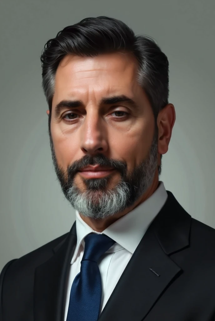 Middle-aged man, talented, serene appearance, short black hair, gray beard, brown eyes, wearing a black suit with a blue tie.
