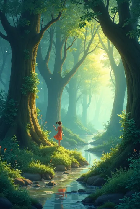 Viral anime nature wallpaper in 4K quality, in the style of digital illustration inspired by Hayao Miyazaki, featuring a serene forest with towering ancient trees, dappled sunlight filtering through the leaves, a gentle stream flowing through the scene, an...