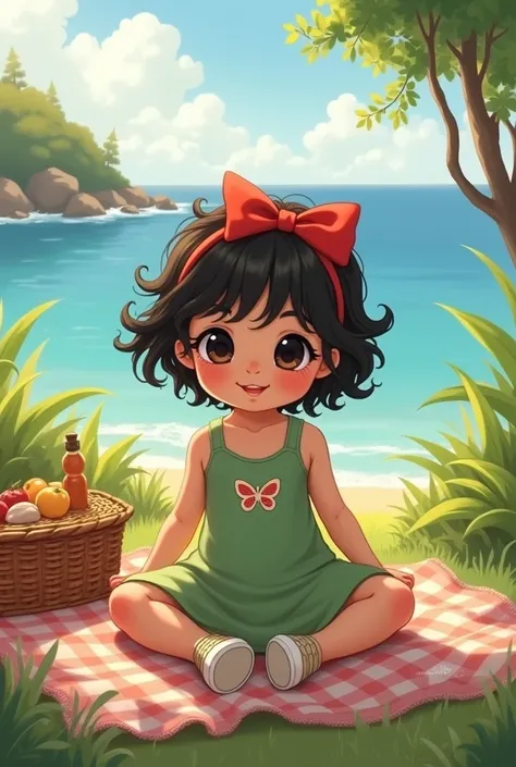 Drawing of a baby with black eyes, wavy hair with red bow, with green tank top dress with butterfly on the back, with nude sneakers sitting on a picnic on the coast