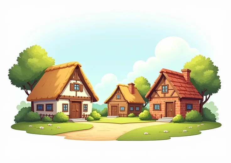 BACKGROUND A casinha de palha, wooden house and brick house. Perfect digital art, detailed without traces of AI and cute animation, <xml><input>realistic</input></xml>, theme color: baby blue, casa png, white background
