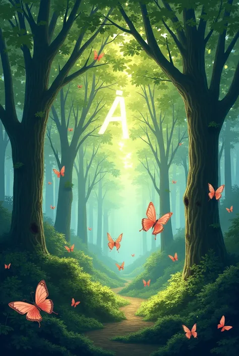 Make an illustration for a striking story with the following instructions: A magical forest called Vocandia , with trees whose leaves are shaped like vowels, and butterflies in the shape of letters flying around that look like they were hand drawn