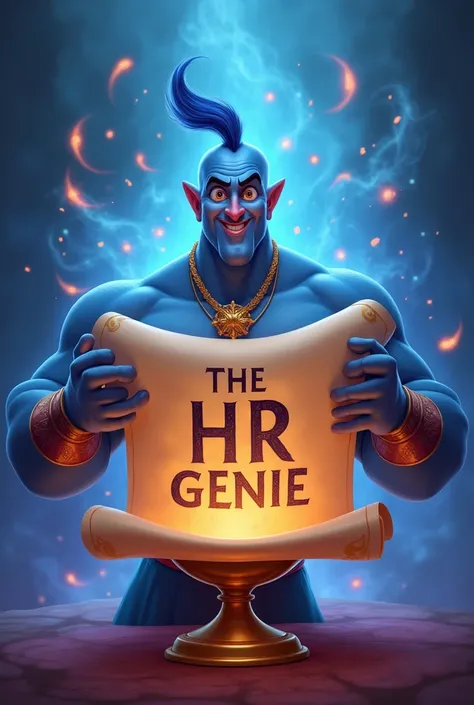 A logo with friendly realistic adult male genie of aladdin coming out of lamp is holding a scroll with the text "THE HR GENIE" written in a official font in CAPS. With magical background.