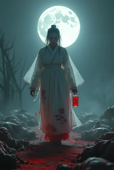 Full moon background. Wearing a white hanbok covered in blood, A person walking over fallen zombies while drinking vodka with &#39;add&#39; written on it.