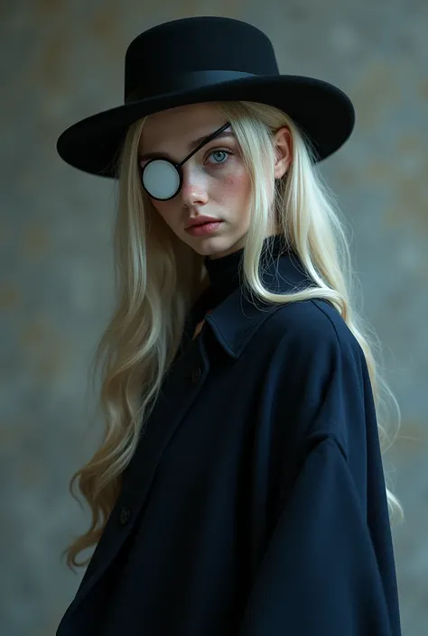 blonde girl with blue eyes. She wears a white eye patch and a black hat.. She wears a dark blue overcoat and black stockings and black shoes.. She is sarcastic.  She has very long hair. She is  and thin.