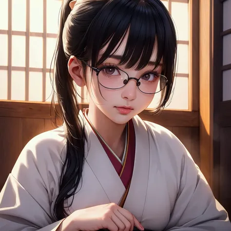 1girl, sitting seiza position in a japanese tea room, brewing matcha tea, wearing japanese traditional kimono, black haired in ponytail, black framed glasses, tatami mat background, soft natural lighting, closeup, cute anime style, beautiful detailed eyes,...