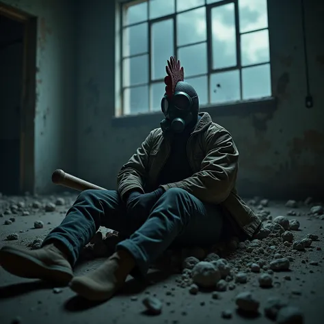 apocalypse survivor wearing full head rooster-head gasmask and bomber jacket among post apocalyptic rubble, psychopatic killer, wielding baseball bat, resting at night in an abandoned building