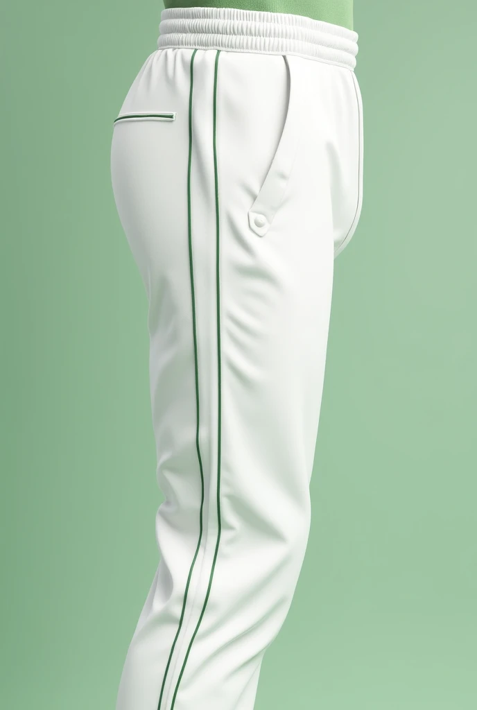 White cricket bottom with thin 
green side line and pocket lines 
