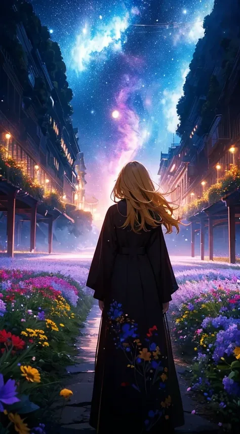 １people々々々々々々々々,Blonde long hair woman，Long coat， Dress Silhouette， Rear View，universe ，Flower Field，Colorful flowers