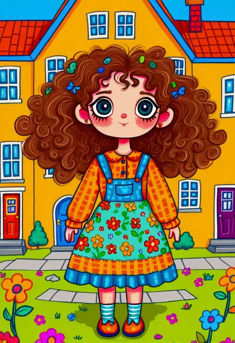 cartoon girl with curly hair and blue eyes standing in front of a house, cartoonish cute, cartoon digital art, patchwork doll, colorfull illustration, in style of digital illustration, colorful illustration, hand painted cartoon art style, digital art cart...