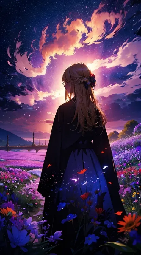 １people々々々々々々々々,Blonde long hair woman，Long coat， Dress Silhouette， Rear View，universe ，Flower Field，Colorful flowers