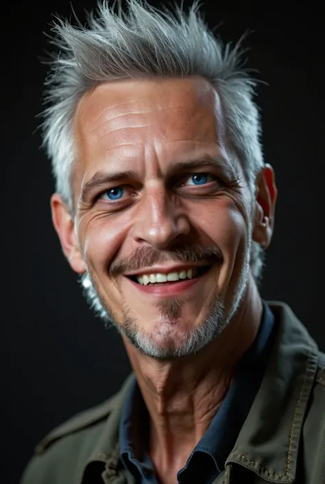 A detailed portrait of a 50-year-old man with a gray hair, mohawk hairstyle and a light smile, (best quality,4k,8k,highres,masterpiece:1.2),ultra-detailed,(realistic,photorealistic,photo-realistic:1.37),HDR,UHD,studio lighting,ultra-fine painting,sharp foc...