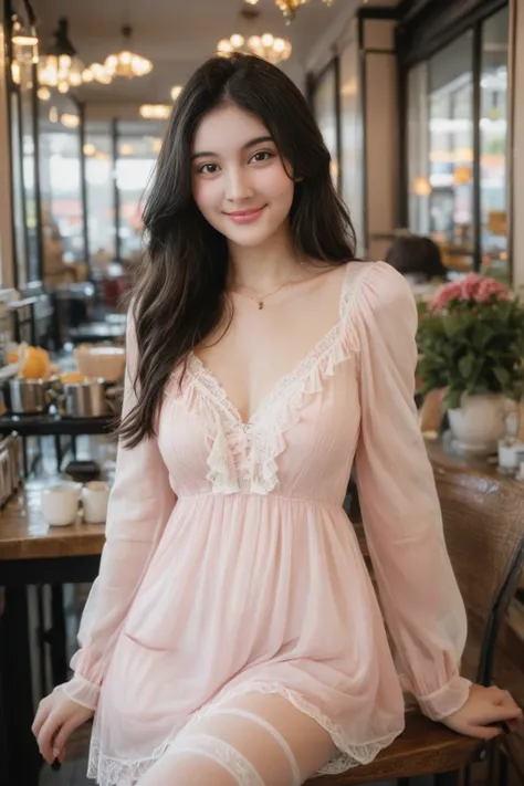 A high-resolution, wide angle shot, 8K close up portrait of a beautiful 20-year-old woman with a flirtatious smile, detailed skin, and clear eyes. She has long black hair and dark brown eyes with slight dark circles, looking at viewer. The image features n...