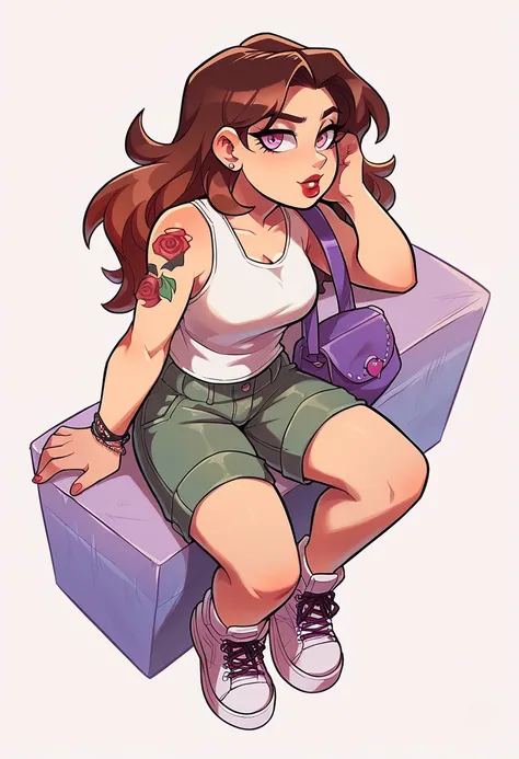 1girl, red lips, pink eyes, frowning, long brown hair, white tank top, cargo shorts, white sneakers, purple purse on shoulders, rose tattoo