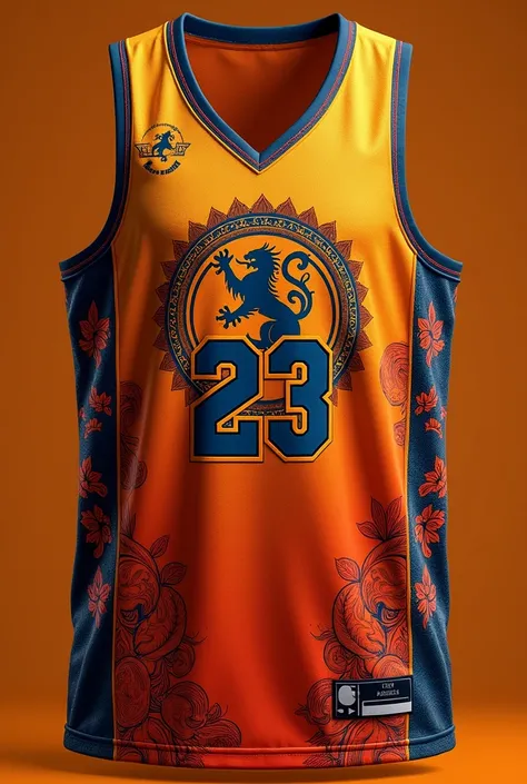 make me a basketball jersey color orange and the design is barong mixed with house of lannister but make the dragon small and put the number 23 and the middle mix it with barong style